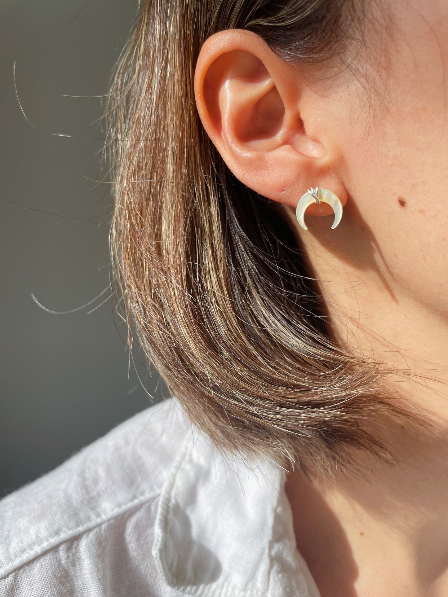 Crescent Moon Studs - White Mother of Pearl