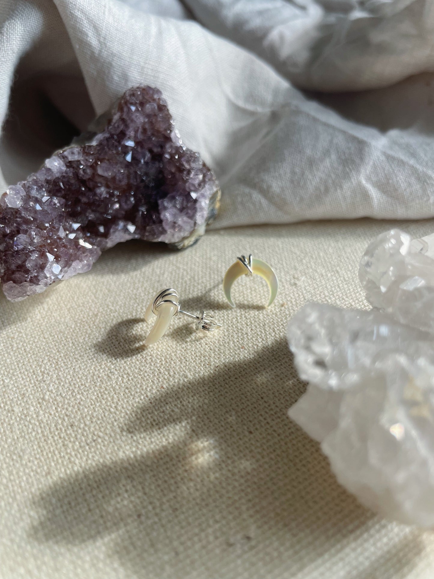 Crescent Moon Studs - White Mother of Pearl