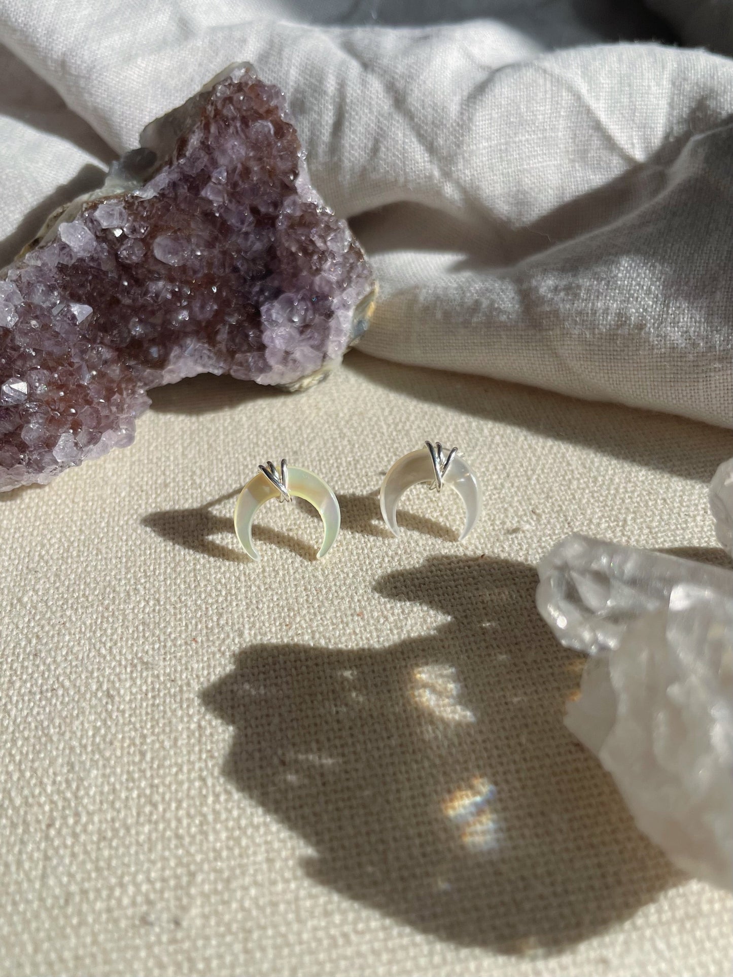 Crescent Moon Studs - White Mother of Pearl